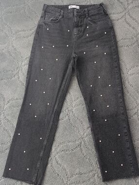 Zara Black Straight-Leg Jeans with Pearl Studs